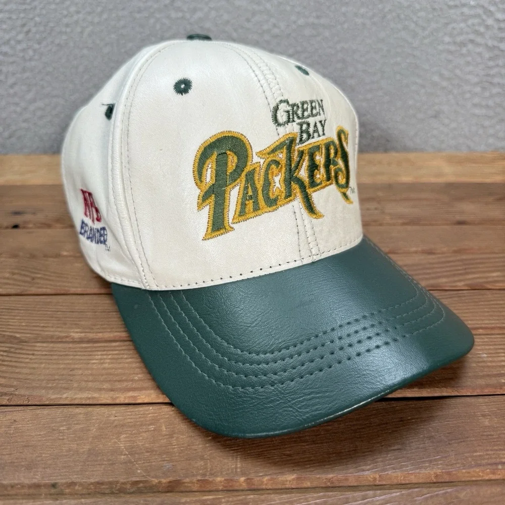 Vintage Green Bay Packers Hat Adult‎ White Green Leather Snapback Cap NFL 90s